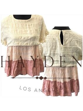 Hayden Cream/Pink Layered Colourblock Short Sleeve Boho Top (M)